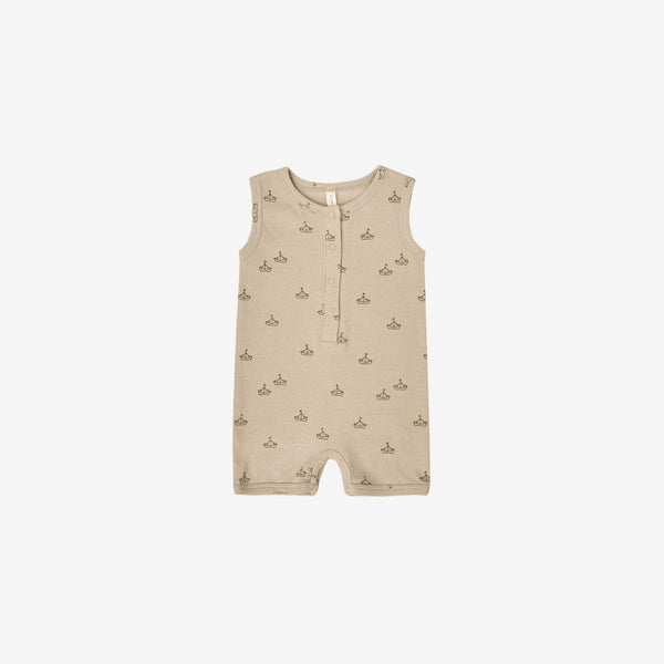 Organic Cotton Ribbed S/L Henley Romper - Latte Boats