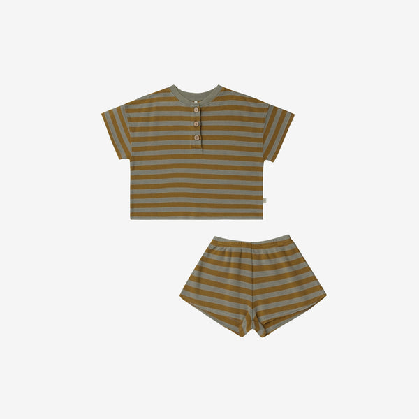Summer Cotton Waffle Tee + Shorts Set - Pool+Ochre Stripe